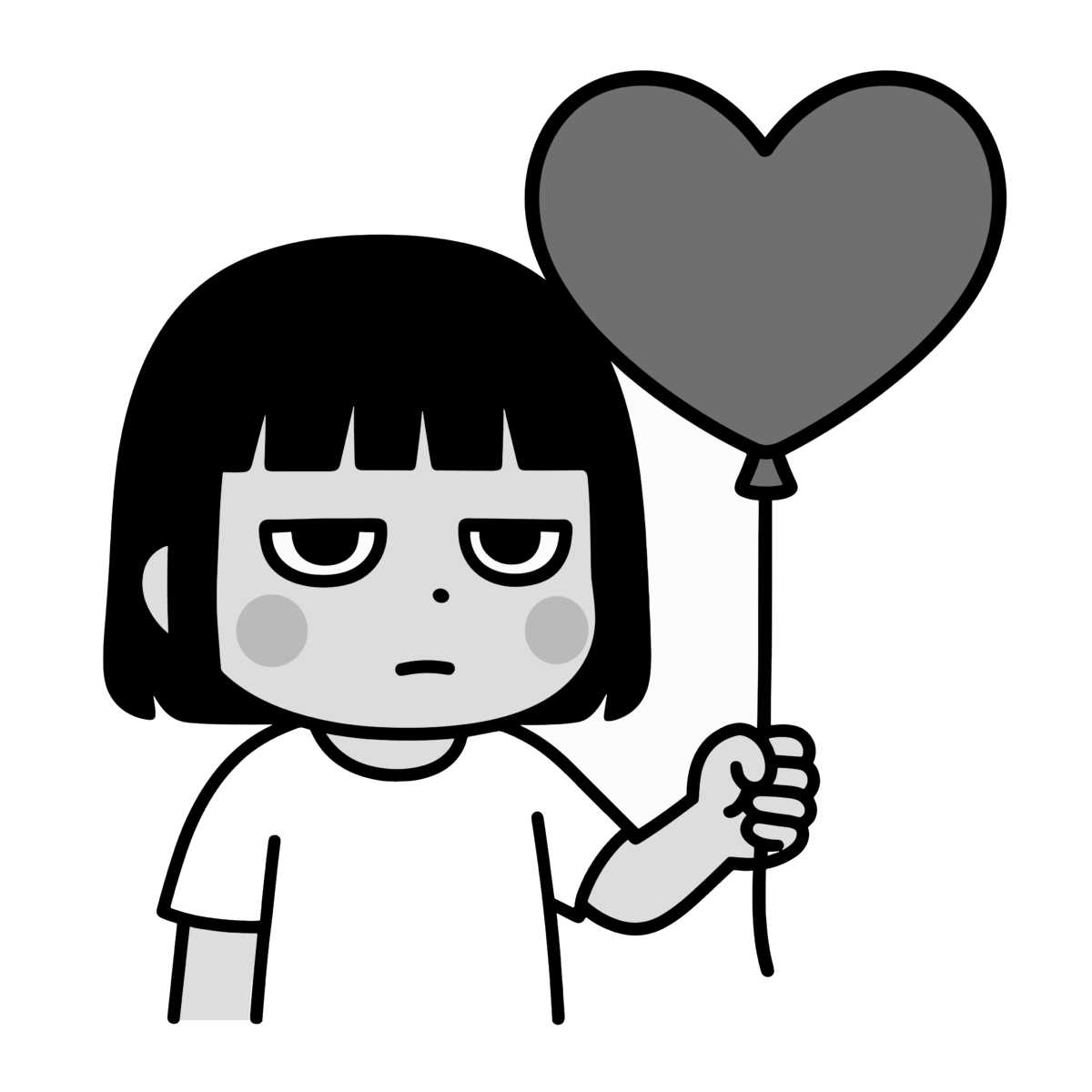 ハートの風船を持った女の子のイラスト無料ダウンロード（モノクロ）