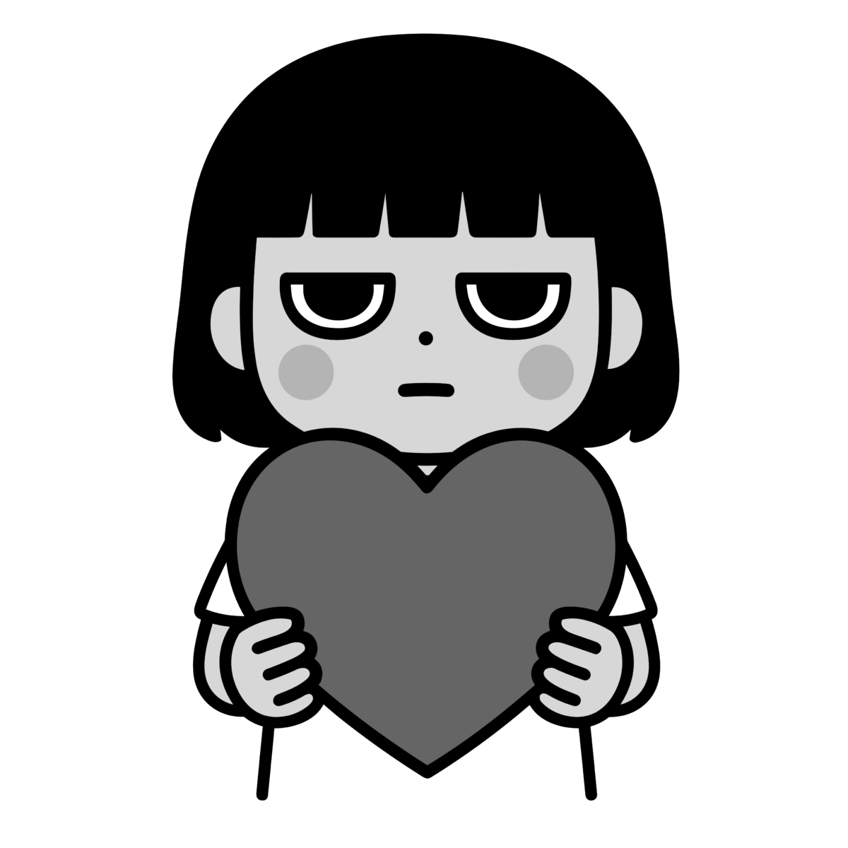 赤いハートを持つ女の子のイラスト無料ダウンロード(モノクロ)