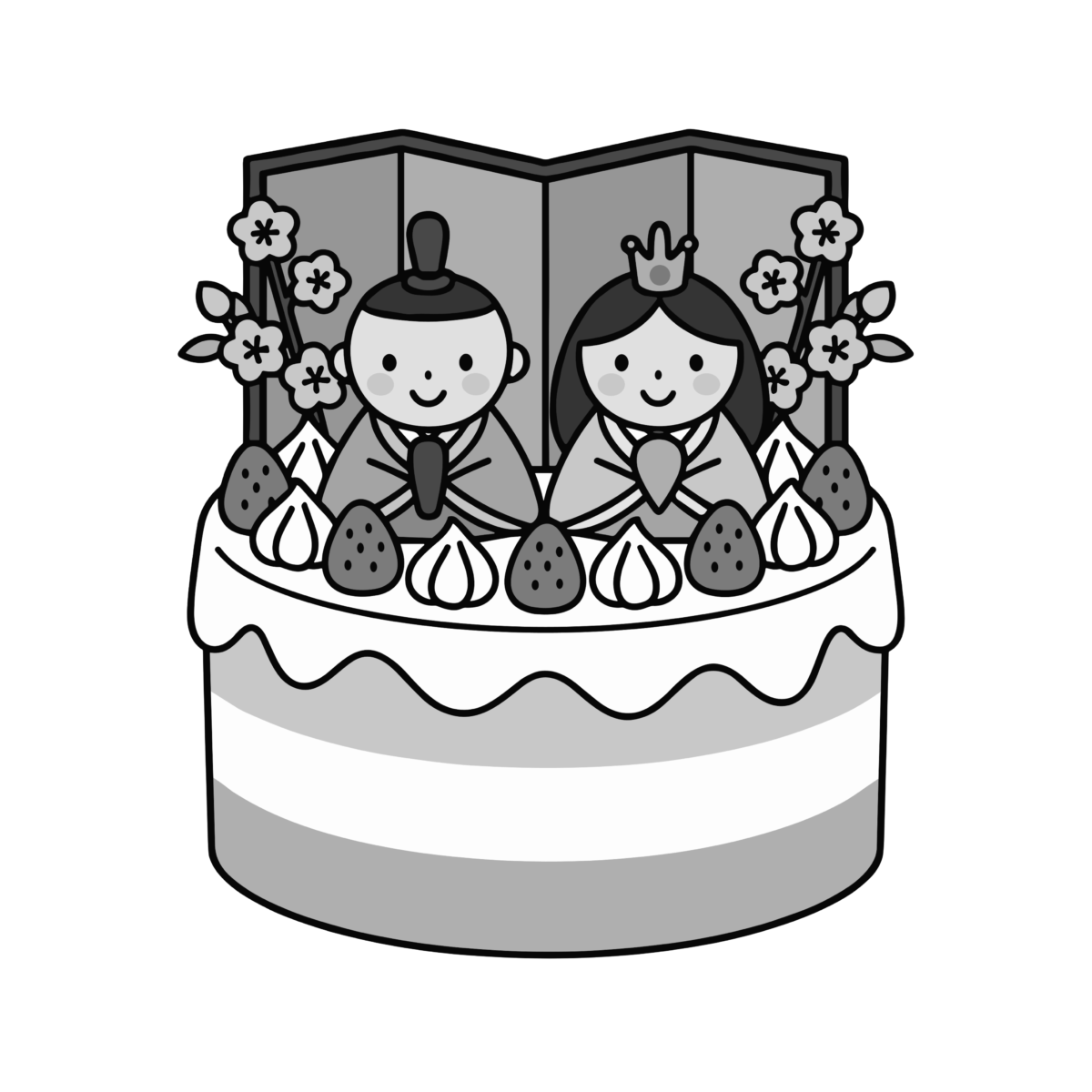 お雛様ケーキのイラスト無料ダウンロード（モノクロ）