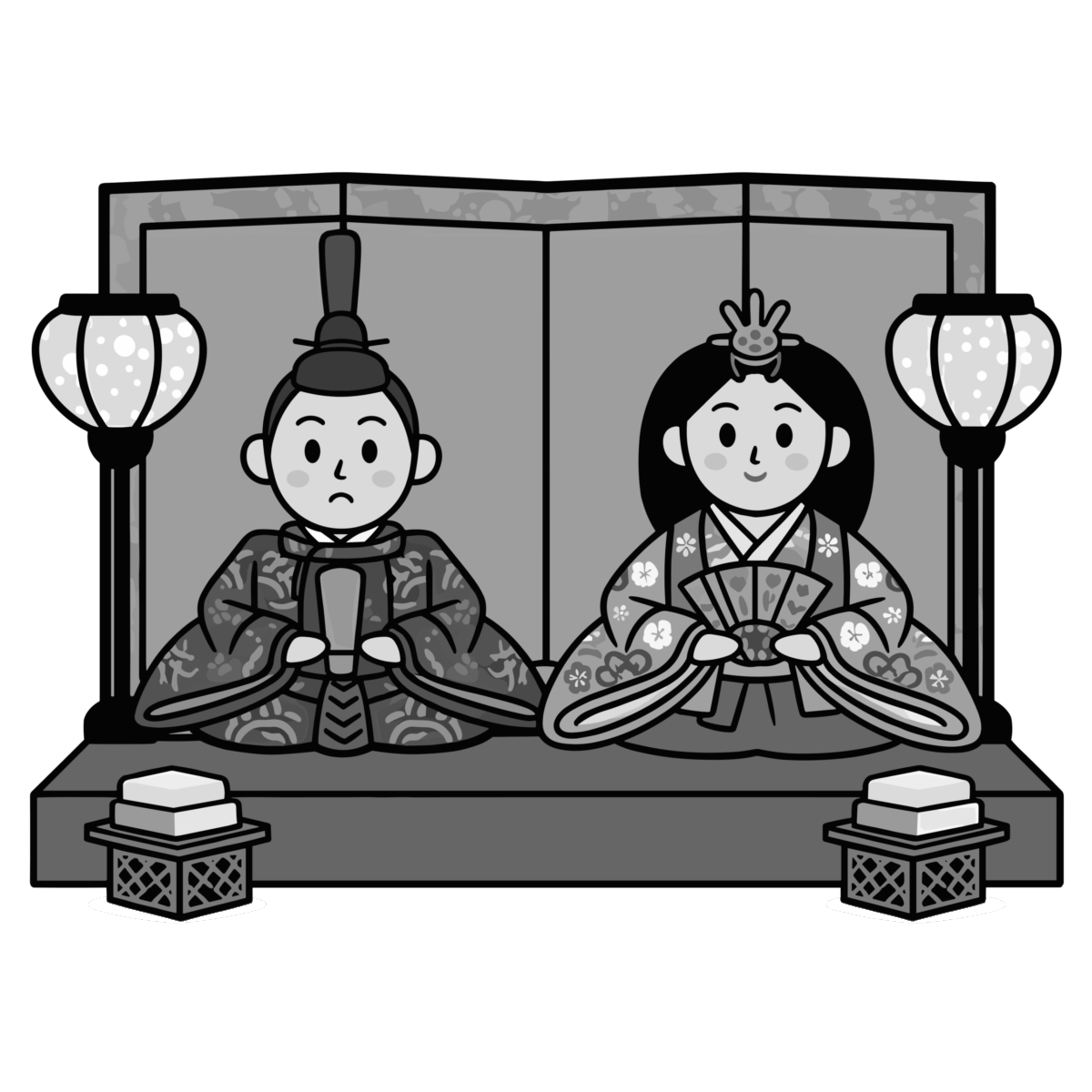 ひな人形（お道具と屏風）のイラスト無料ダウンロード（モノクロ）