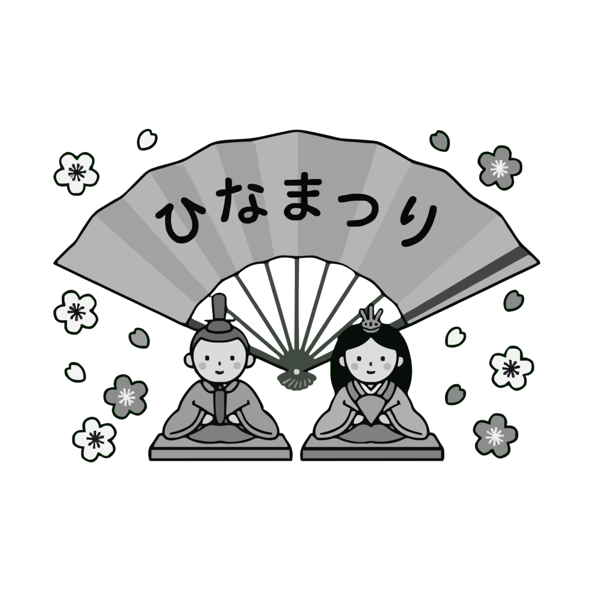 ひな人形と扇子のイラスト無料ダウンロード（モノクロ）