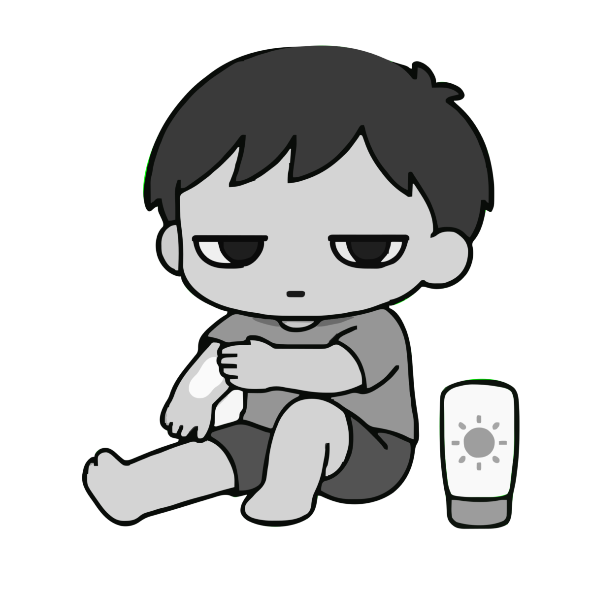 日焼け止めを塗る子どものかわいいイラスト（モノクロ）