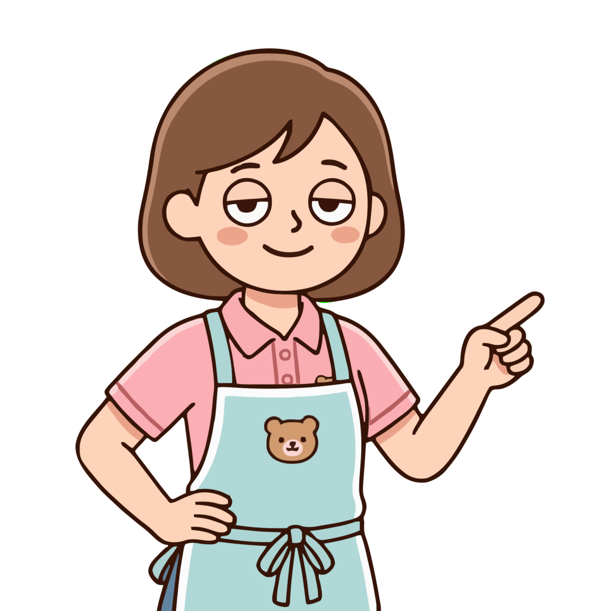 エプロン姿で指差し確認をする保育士のイラスト（カラー）