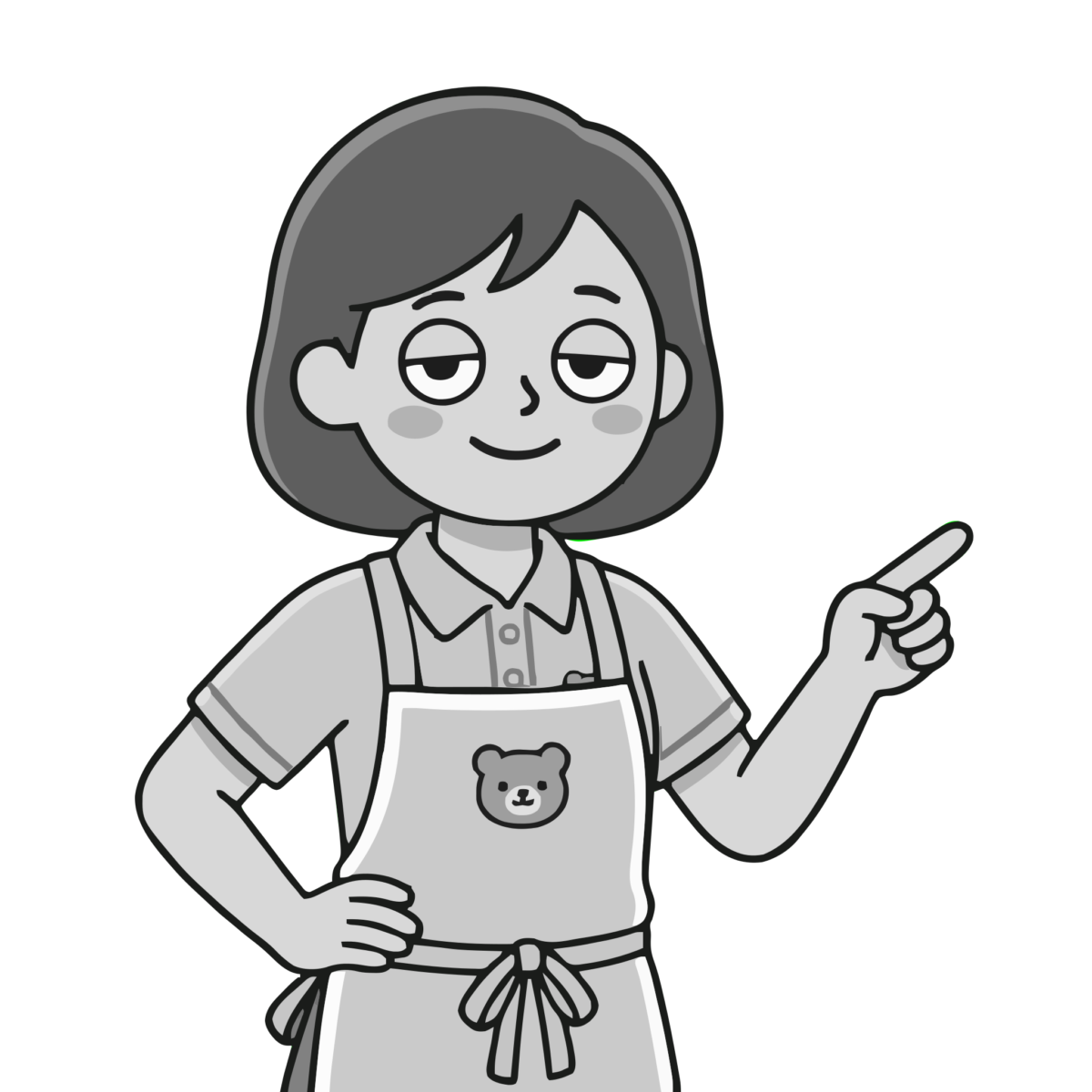 エプロン姿で指差し確認をする保育士のイラスト（モノクロ）