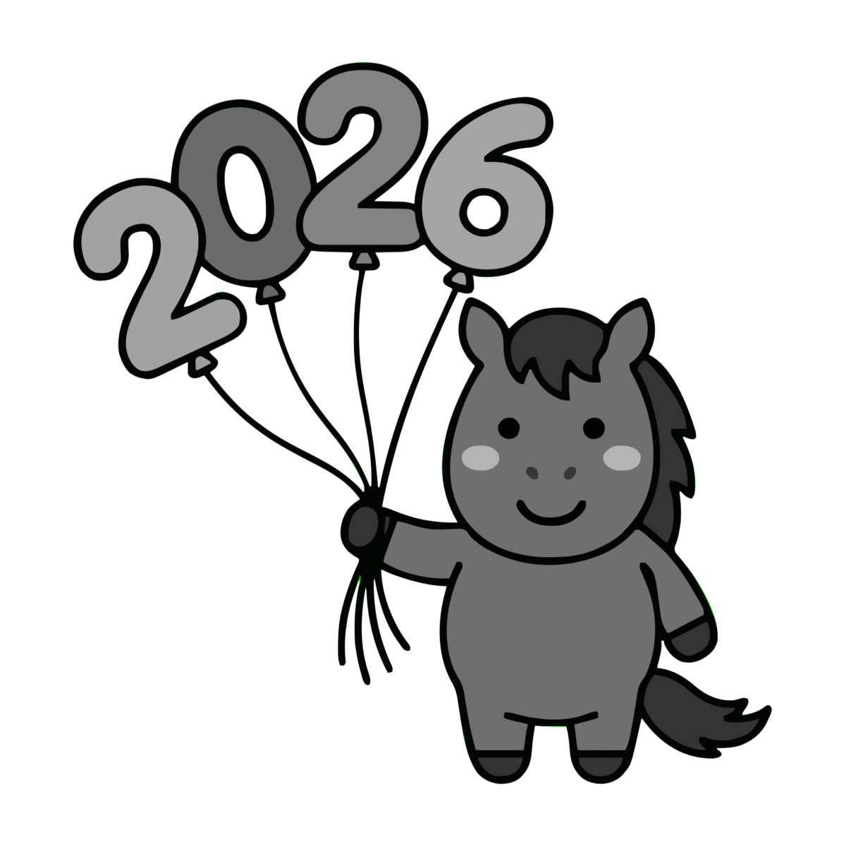 馬が2026の風船を持つのイラスト無料ダウンロード(モノクロ)