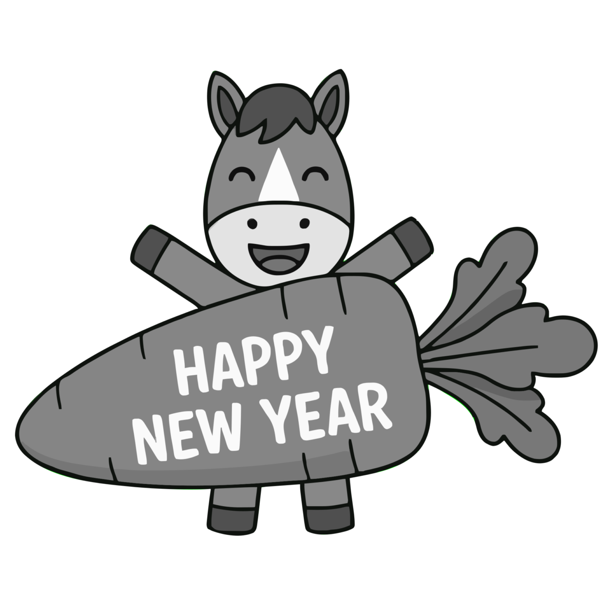 にんじんを持つ馬の新年のイラスト無料ダウンロード(モノクロ)