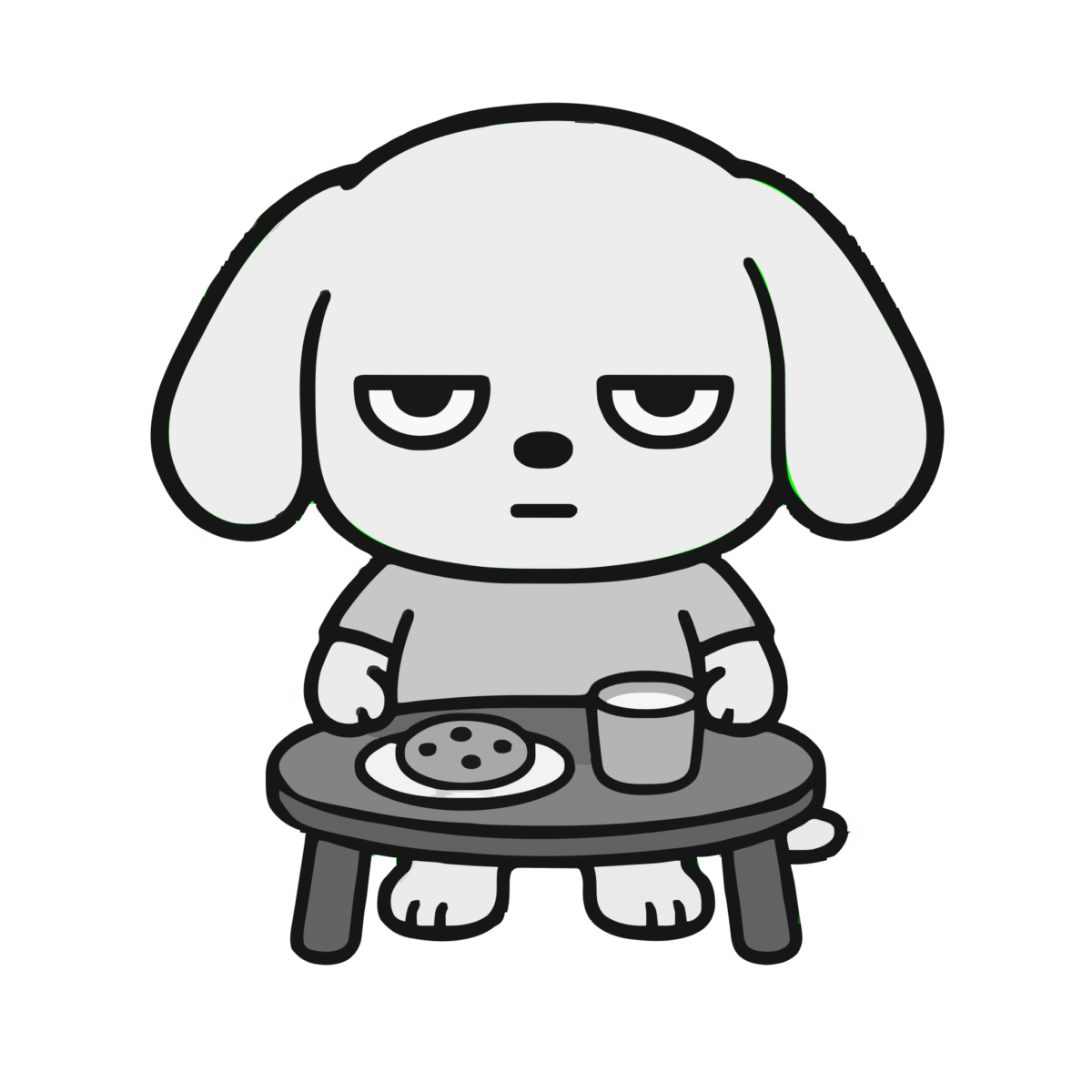おやつを食べる犬のかわいいイラスト(モノクロ)