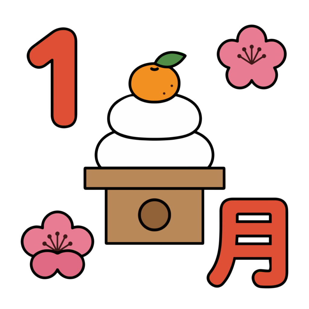 1月文字と鏡餅・梅の花のイラスト無料ダウンロード（カラー）