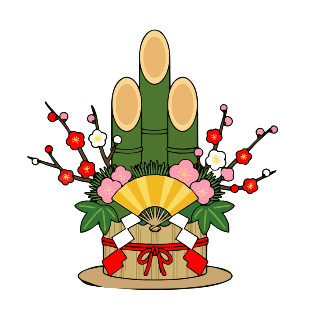 門松（扇と鶴の飾り）のイラスト無料ダウンロード（カラー）