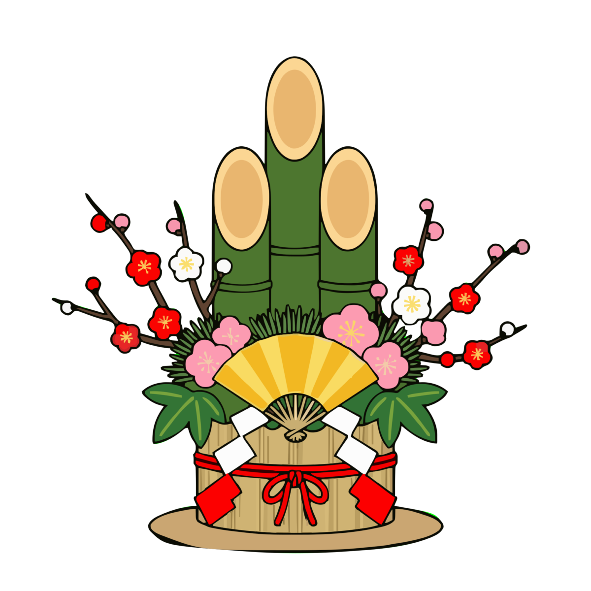 門松(扇と鶴の飾り)のイラスト無料ダウンロード(カラー)