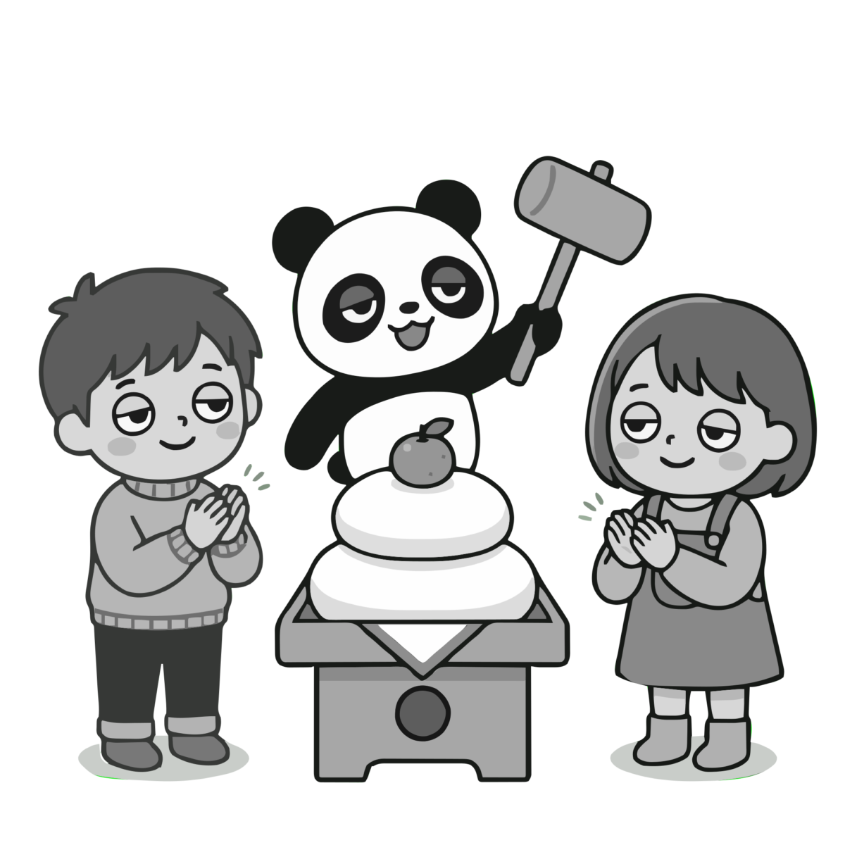 鏡開きのかわいいイラスト(モノクロ)