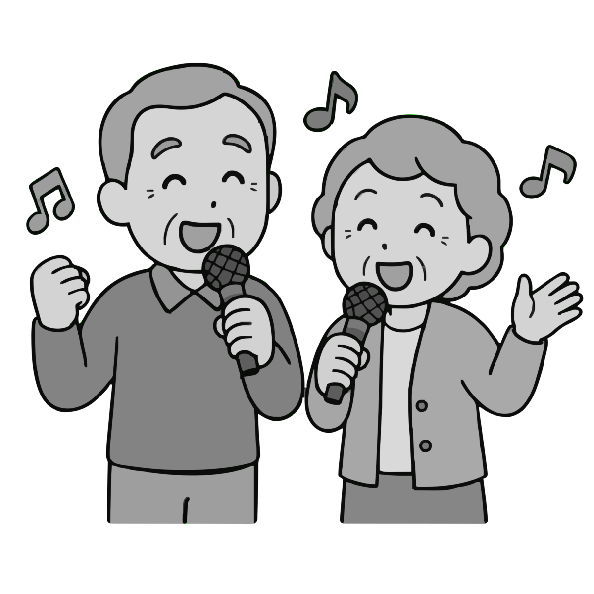 カラオケをするお年寄りのかわいいイラスト（モノクロ）