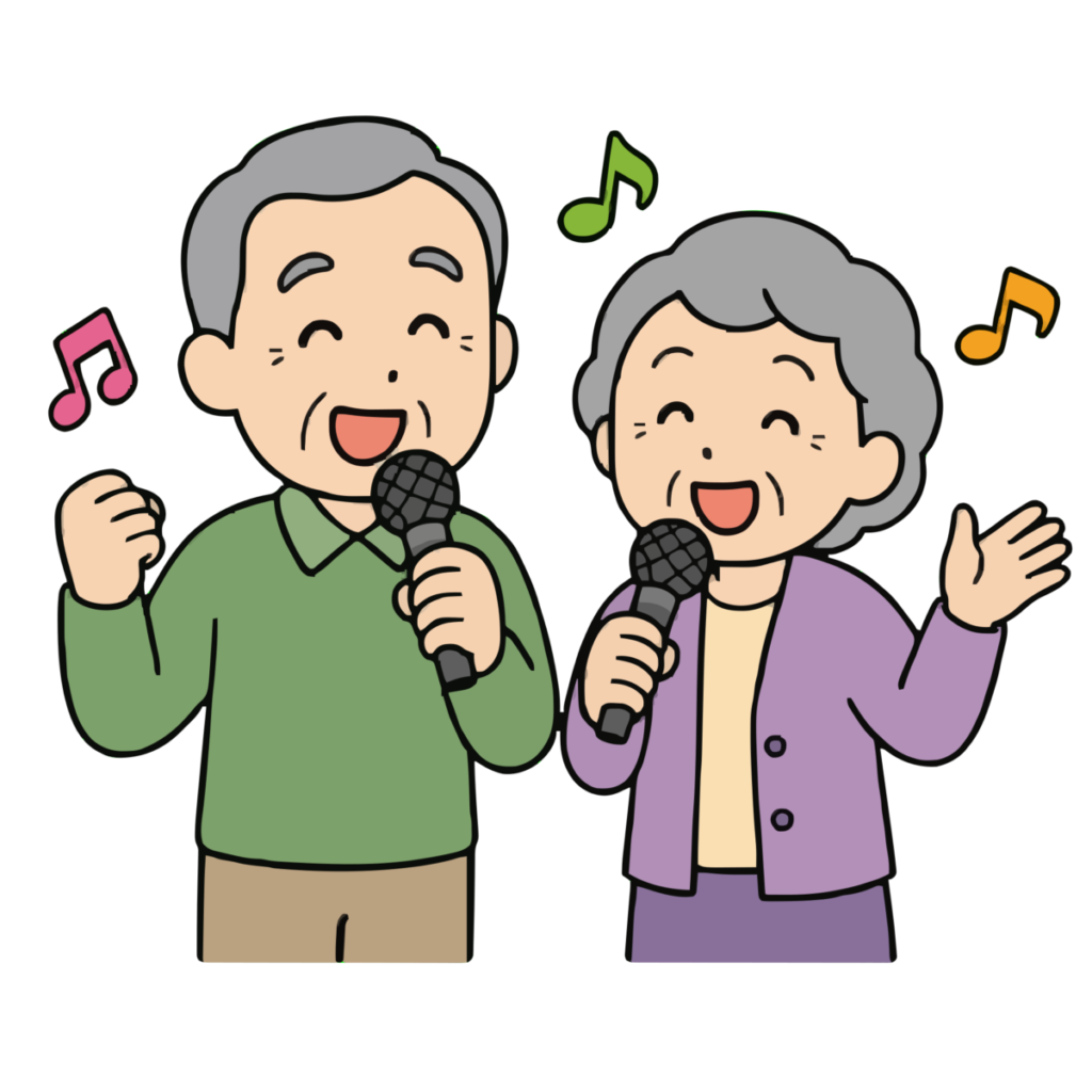 カラオケをするお年寄りのかわいいイラスト（カラー）