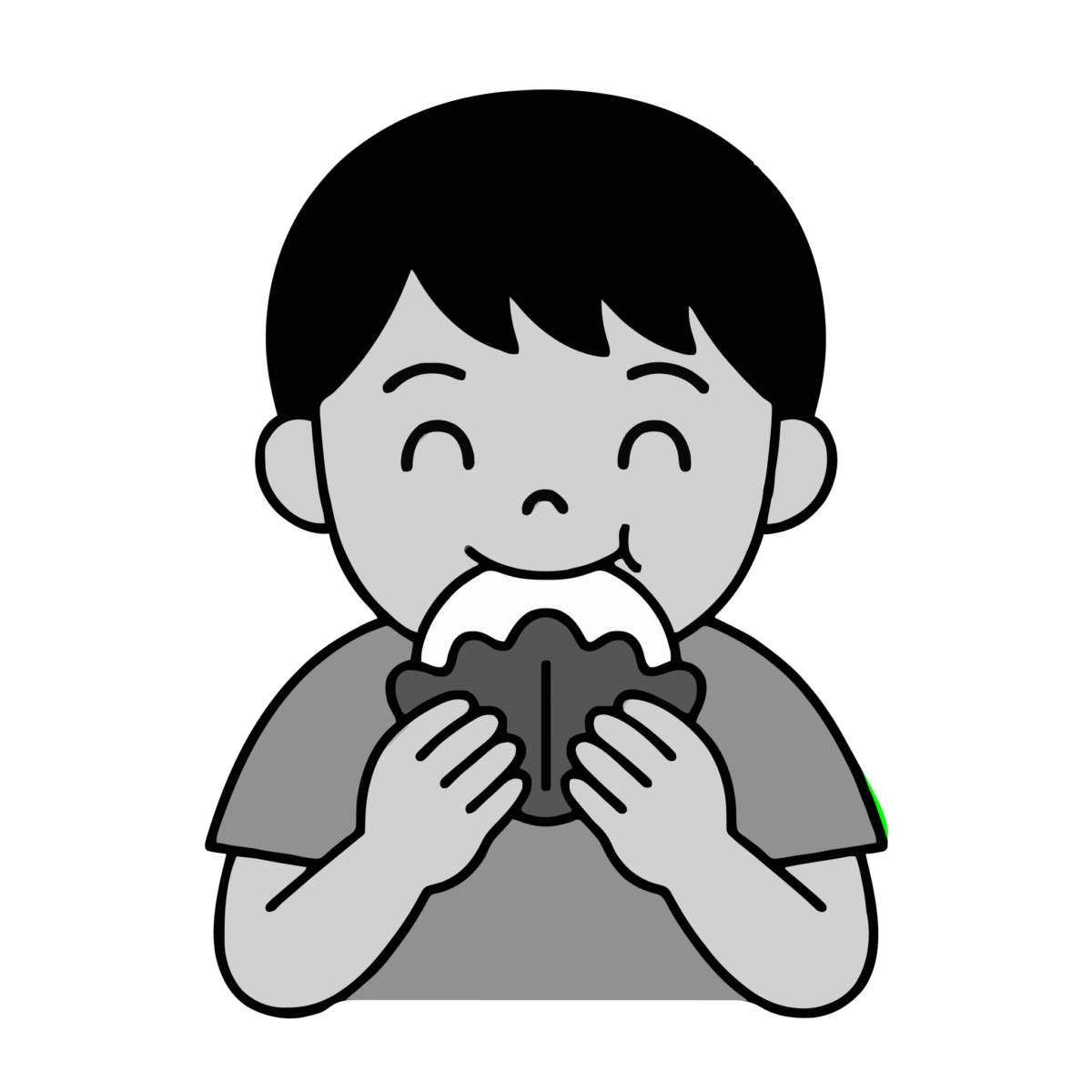 柏餅を食べる男の子のイラスト無料ダウンロード（モノクロ）