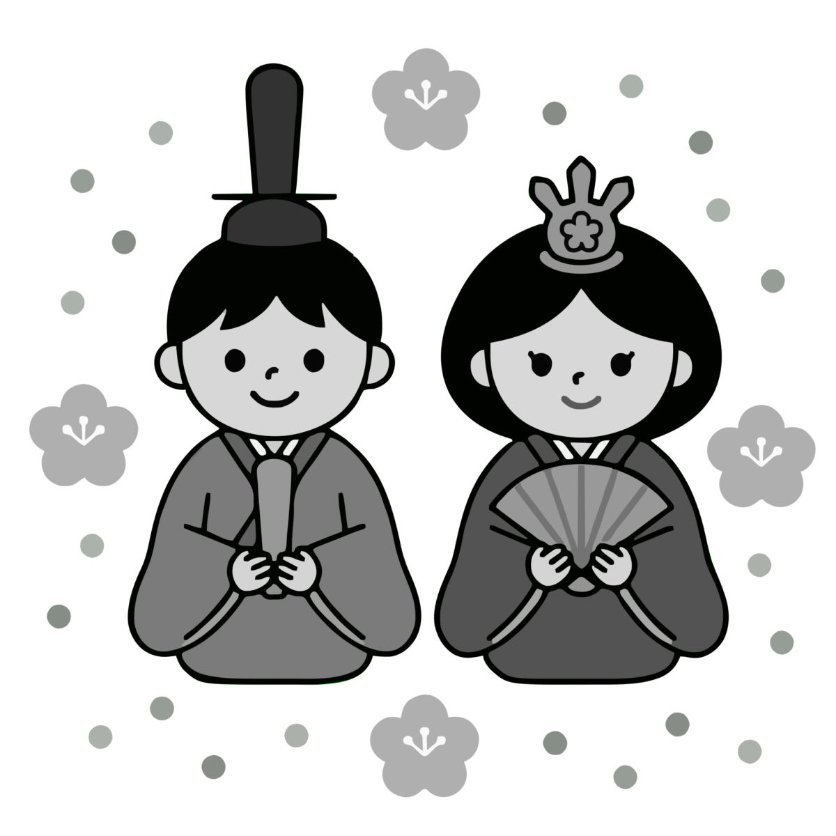 おひなさまとおだいりさまのひな祭りのイラスト無料ダウンロード（モノクロ）