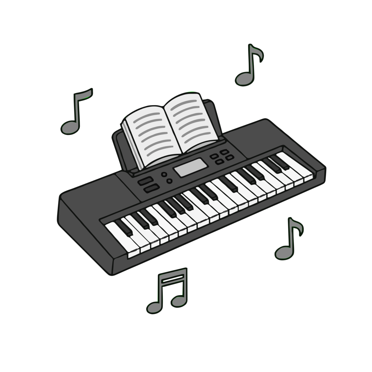 電子キーボードと楽譜のイラスト無料ダウンロード（モノクロ）