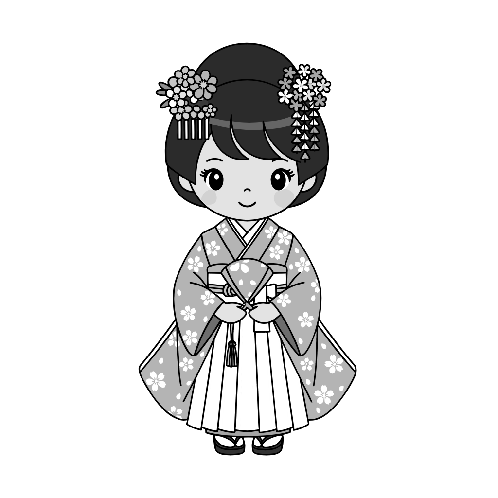 着物の女の子のイラスト無料ダウンロード（モノクロ）