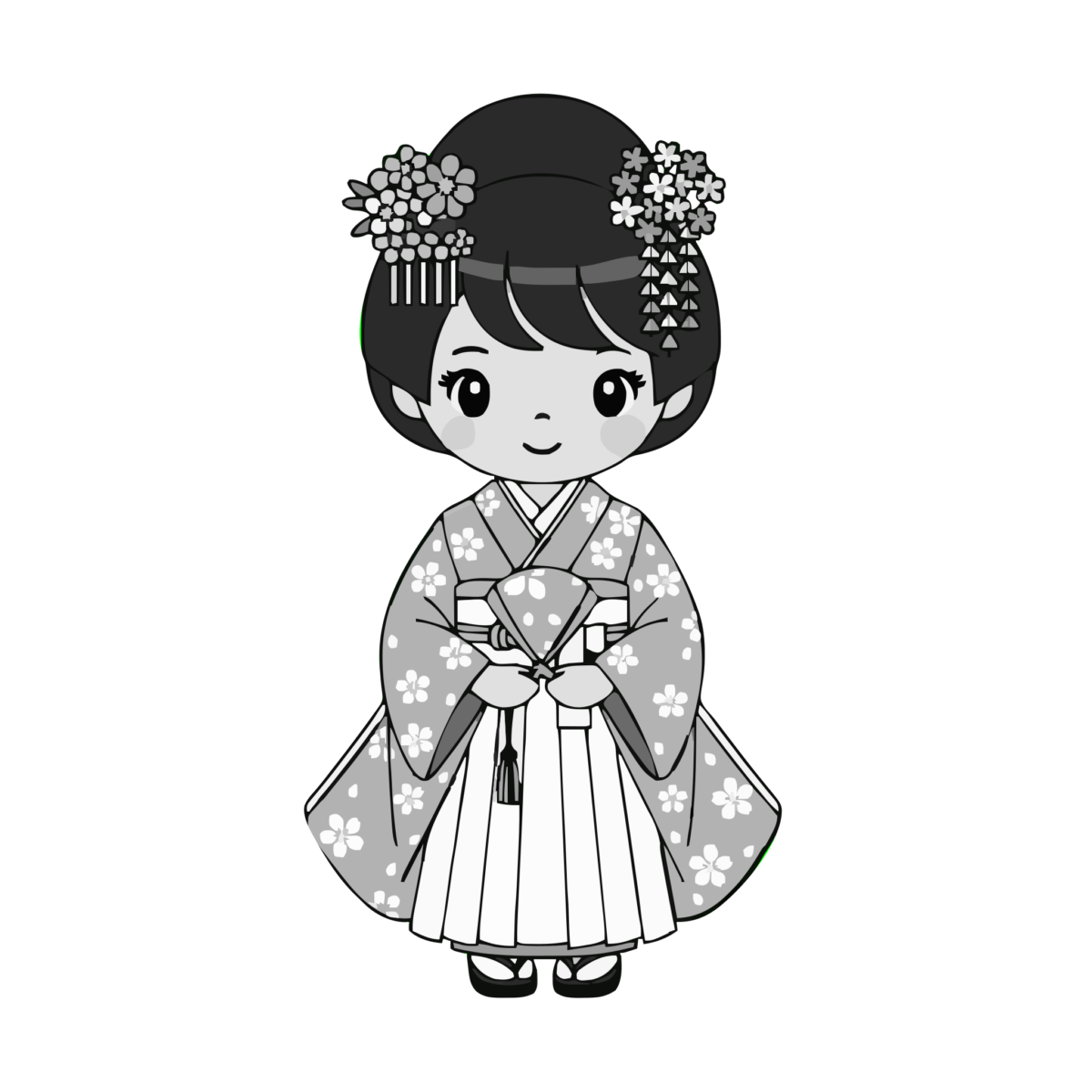 着物の女の子のイラスト無料ダウンロード（モノクロ）