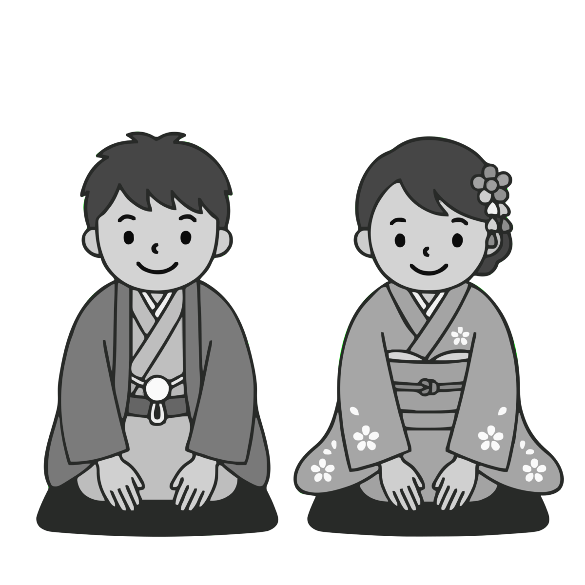 着物姿の男女のイラスト無料ダウンロード(モノクロ)