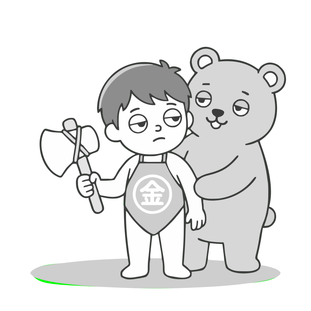 金太郎と熊のイラスト（モノクロ）