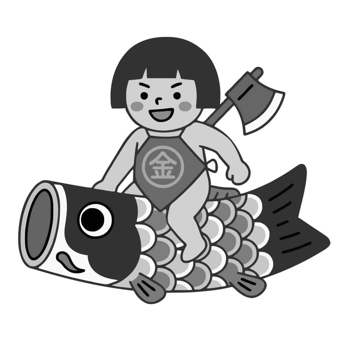 鯉に乗った金太郎のイラスト無料ダウンロード（モノクロ）