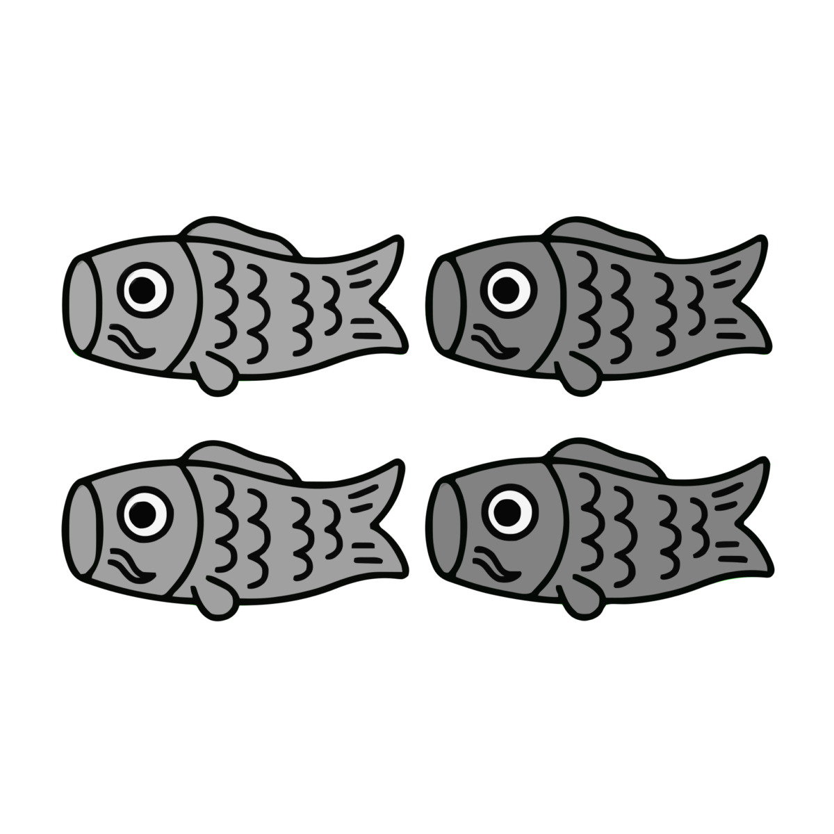 こいのぼり4色セットのイラスト無料ダウンロード（モノクロ）