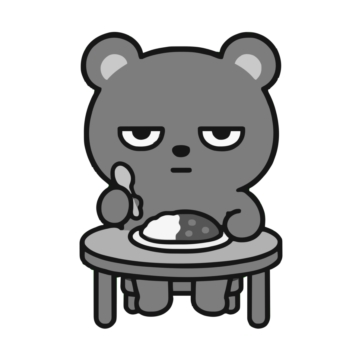 お昼ごはんを食べるクマのかわいいイラスト（モノクロ）