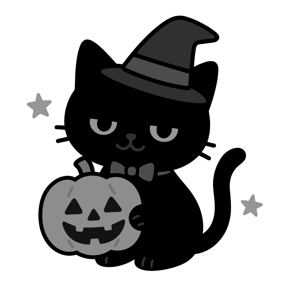 かわいい黒猫がかぼちゃを持っているのイラスト無料ダウンロード（モノクロ）