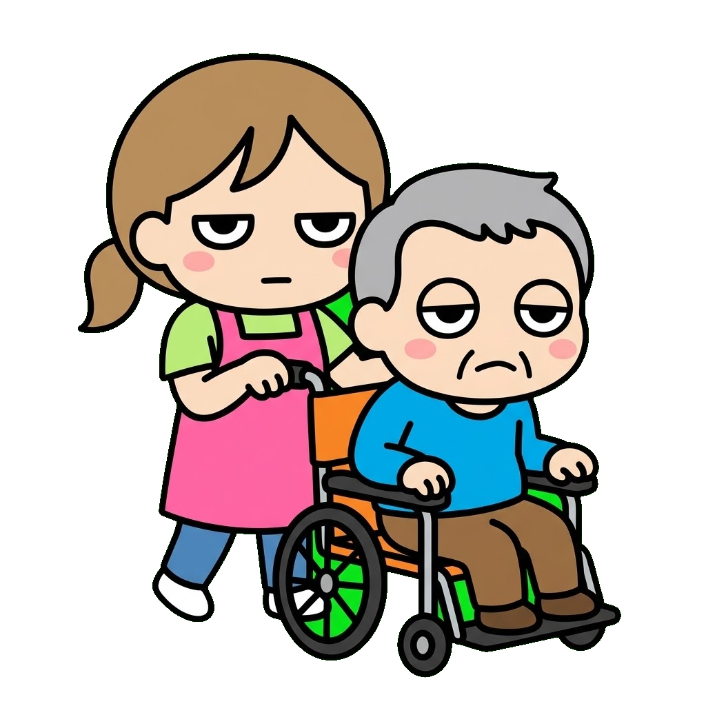 車いすを押す介護職員のイラスト（カラー）