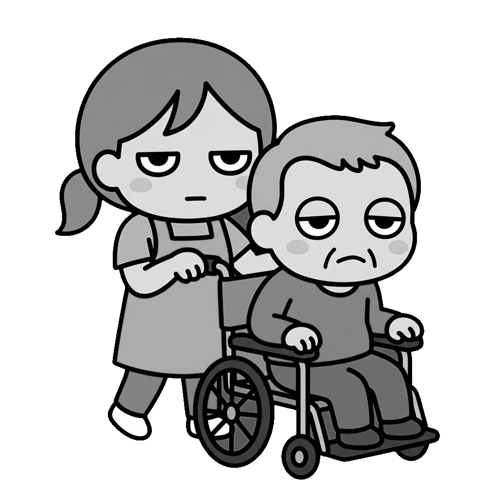 車いすを押す介護職員のかわいいイラスト(モノクロ)