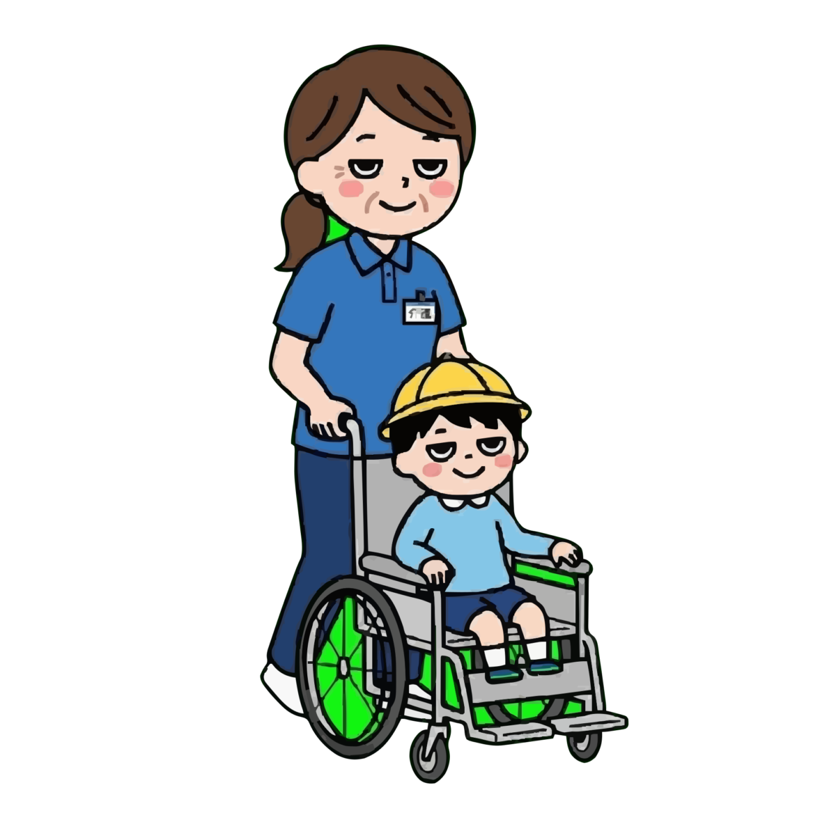 車いすを押す介護職員のかわいいイラスト(カラー)