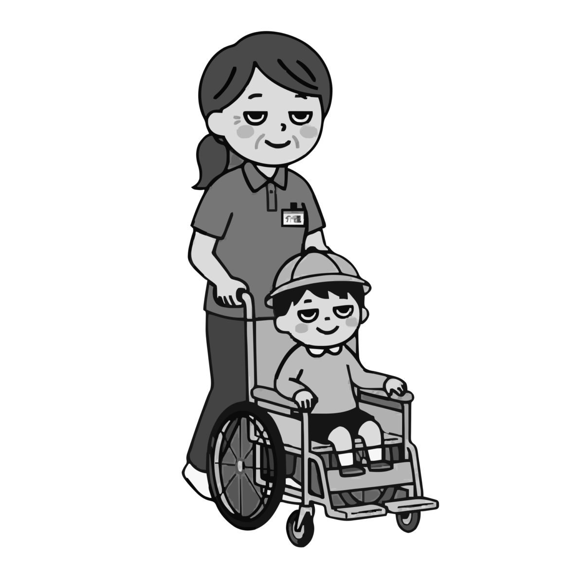 車いすを押す介護職員のかわいいイラスト(モノクロ)