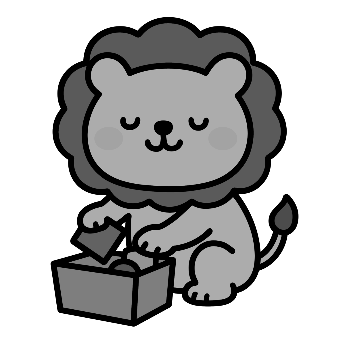 おかたづけをしているライオンのイラスト無料ダウンロード（モノクロ）