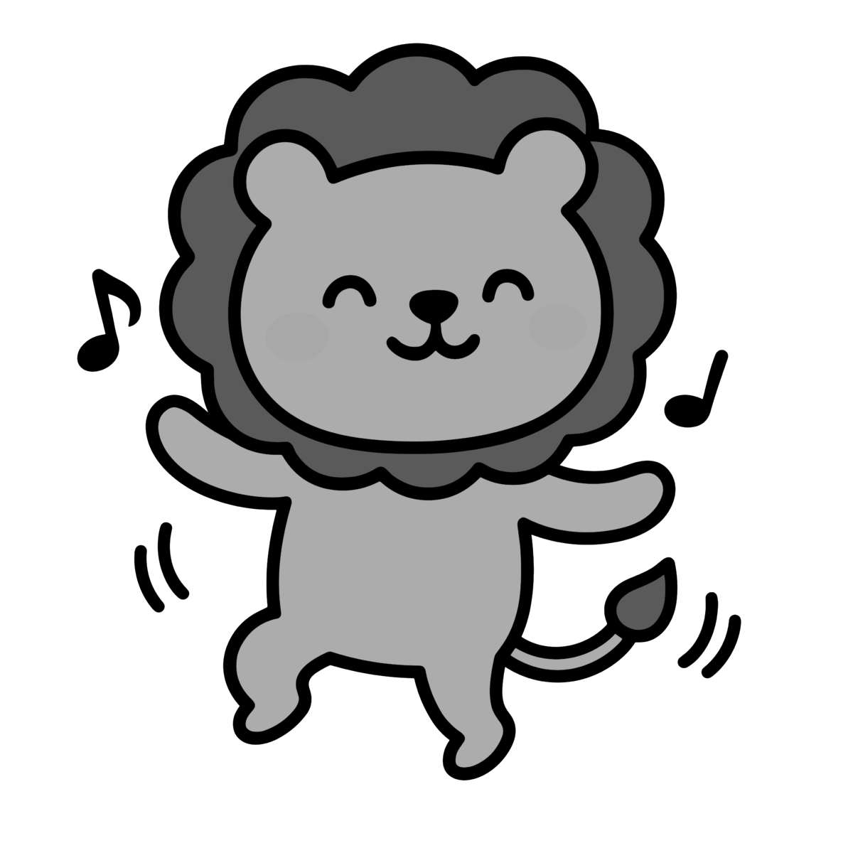 ダンスをするライオンのイラスト無料ダウンロード（モノクロ）