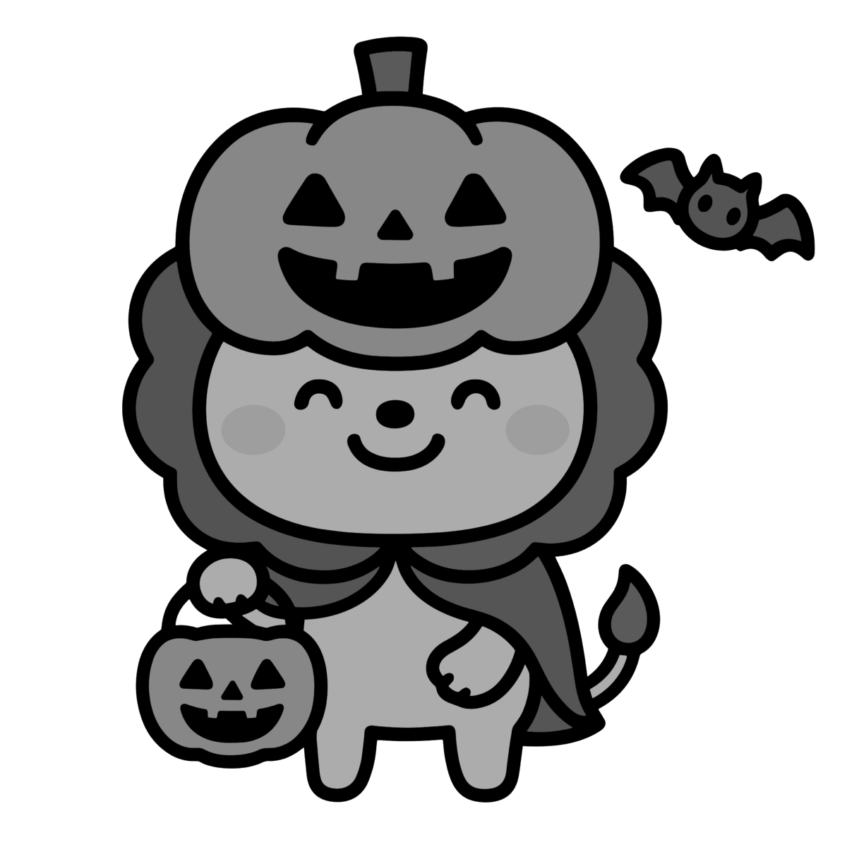 ハロウィンの仮装をしているライオンのイラスト無料ダウンロード(モノクロ)