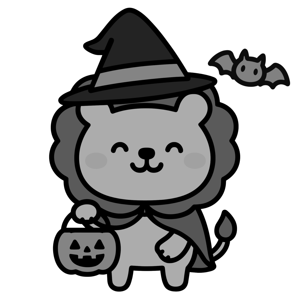 ハロウィン仮装のライオン（魔女帽子）のイラスト無料ダウンロード（モノクロ）