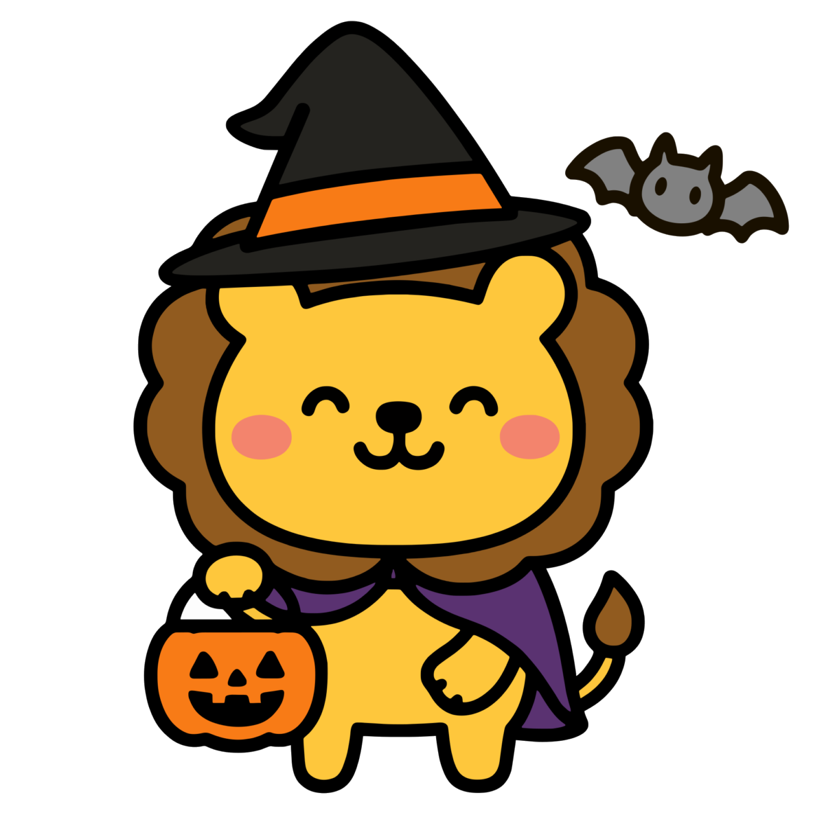 ハロウィン仮装のライオン（魔女帽子）のイラスト無料ダウンロード（カラー）