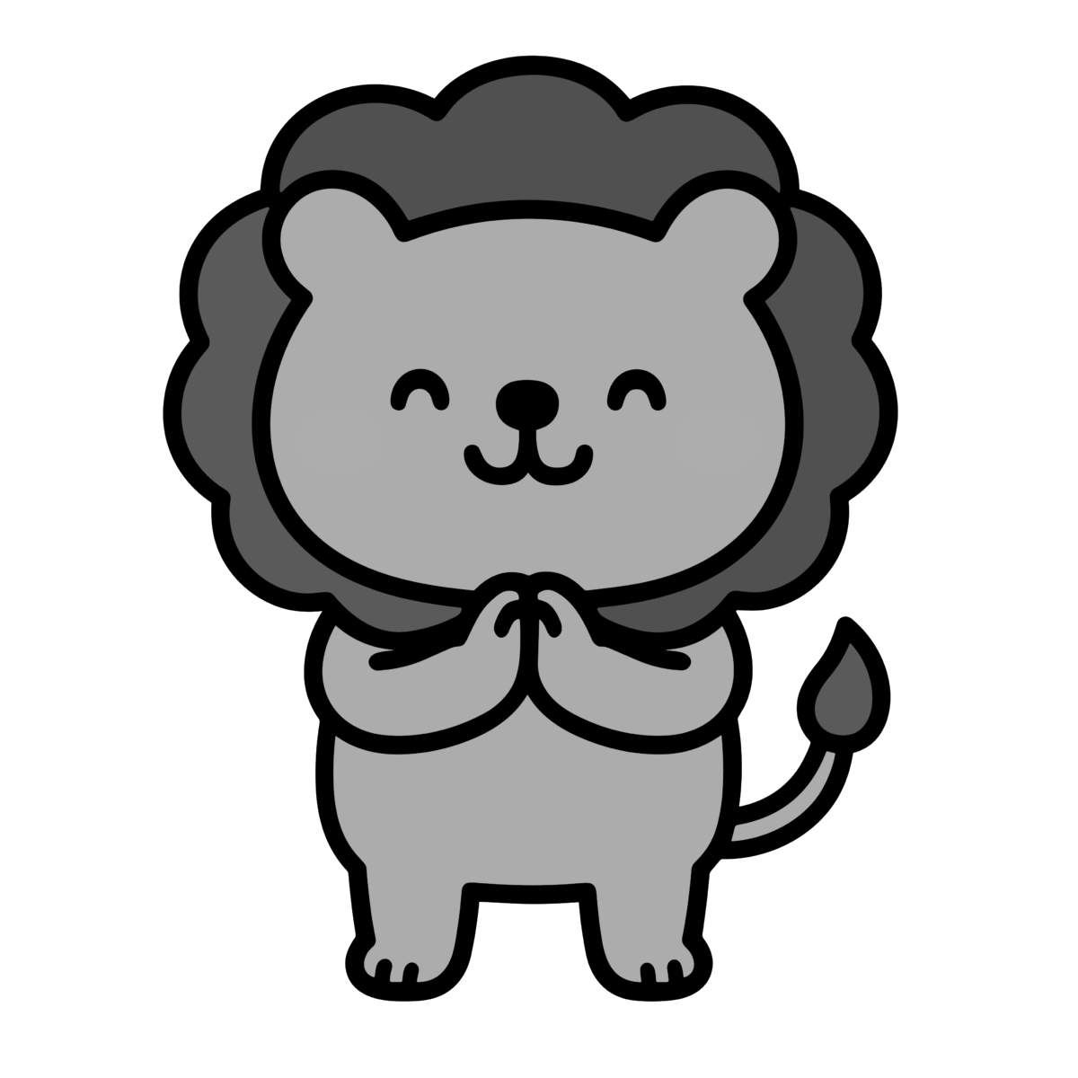 「いただきます」ポーズのライオンのイラスト無料ダウンロード(モノクロ)