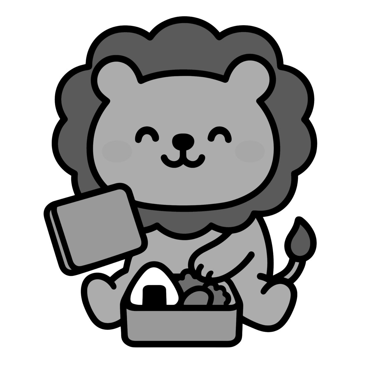 お弁当をひらくライオンのイラスト無料ダウンロード(モノクロ)