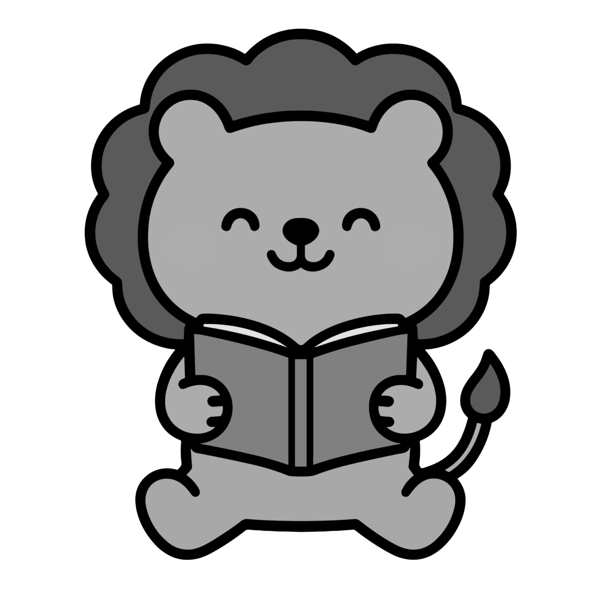 絵本を読んでいるライオンのイラスト無料ダウンロード（モノクロ）