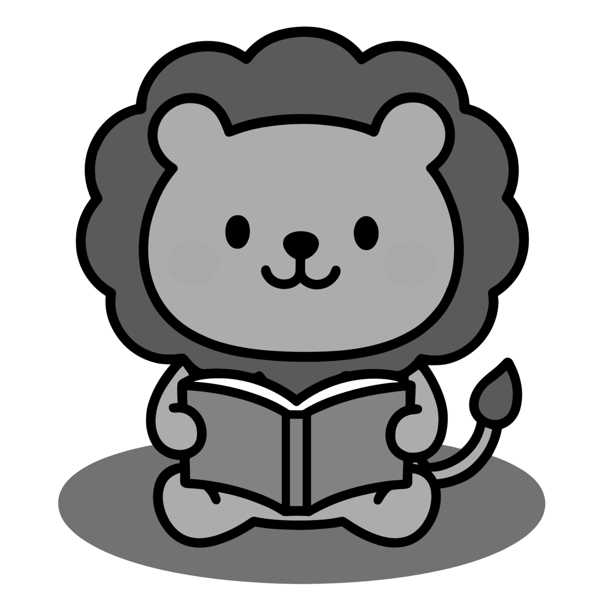 本を読むライオンのイラスト無料ダウンロード（モノクロ）