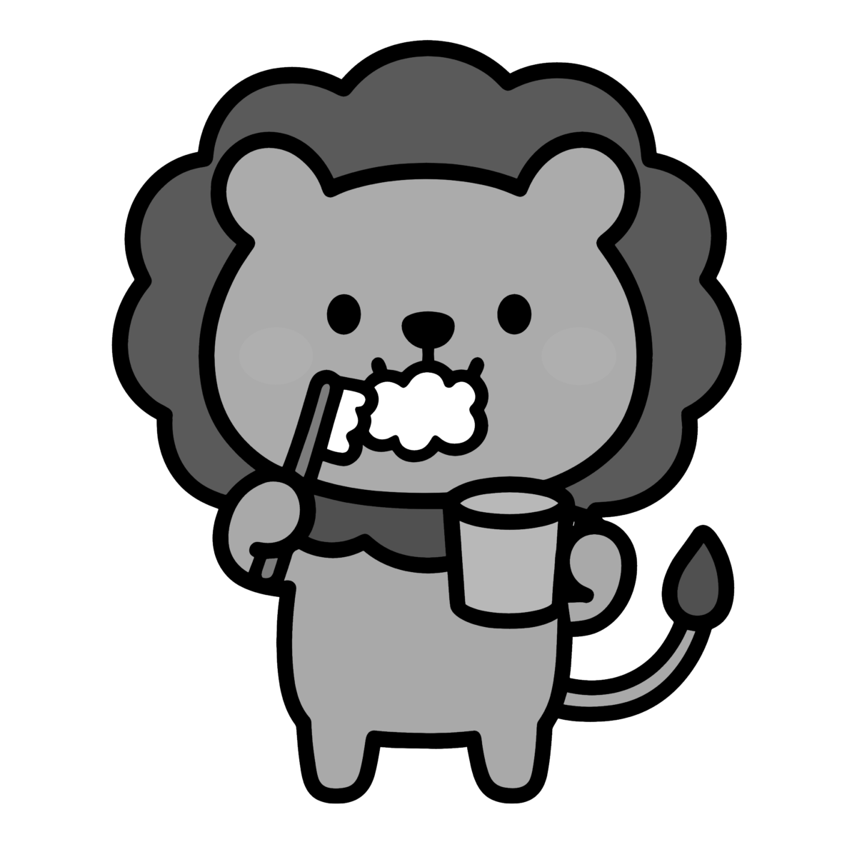歯みがきするライオンのイラスト無料ダウンロード（モノクロ）