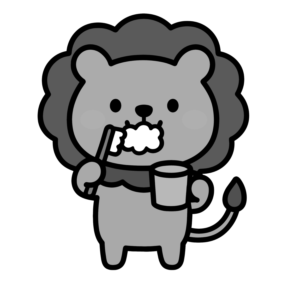 歯みがきするライオンのイラスト無料ダウンロード(モノクロ)