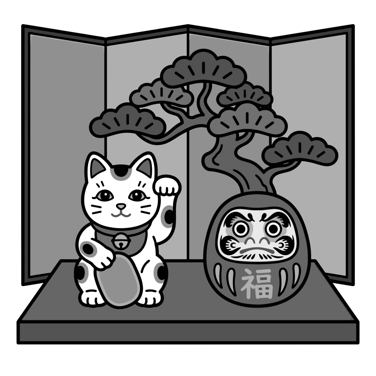 招き猫とだるまのお正月のイラスト無料ダウンロード（モノクロ）