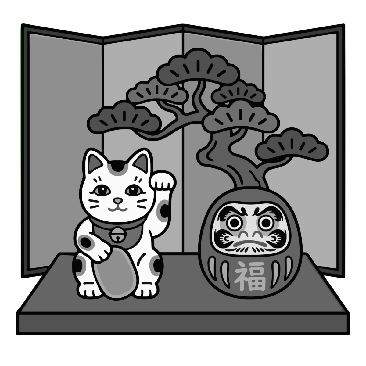 招き猫とだるまのお正月のイラスト無料ダウンロード（モノクロ）