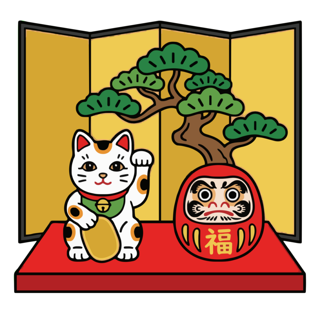 招き猫とだるまのお正月のイラスト無料ダウンロード（カラー）