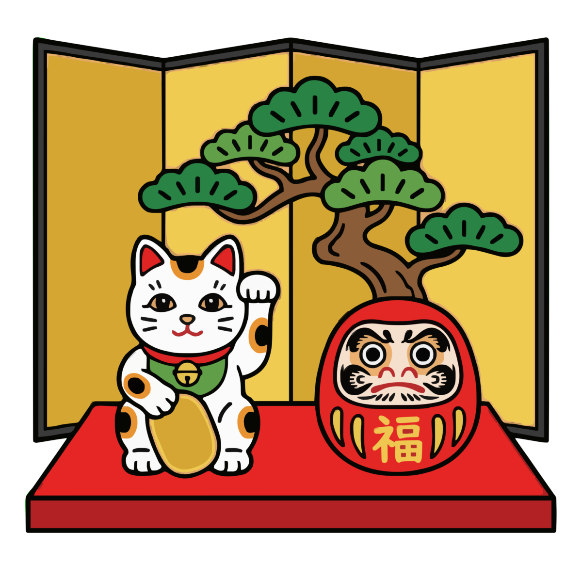 招き猫とだるまのお正月のイラスト無料ダウンロード（カラー）