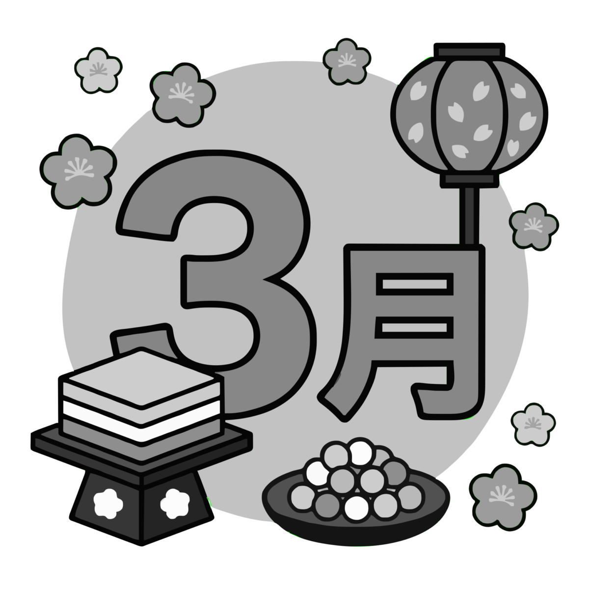 3月のひな祭りに使える行事モチーフのイラスト無料ダウンロード（モノクロ）