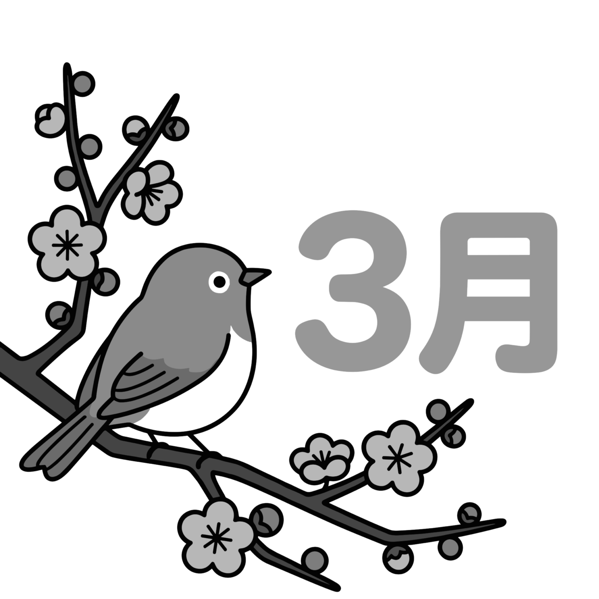 3月の春に使えるウグイスと梅の花のイラスト無料ダウンロード（モノクロ）
