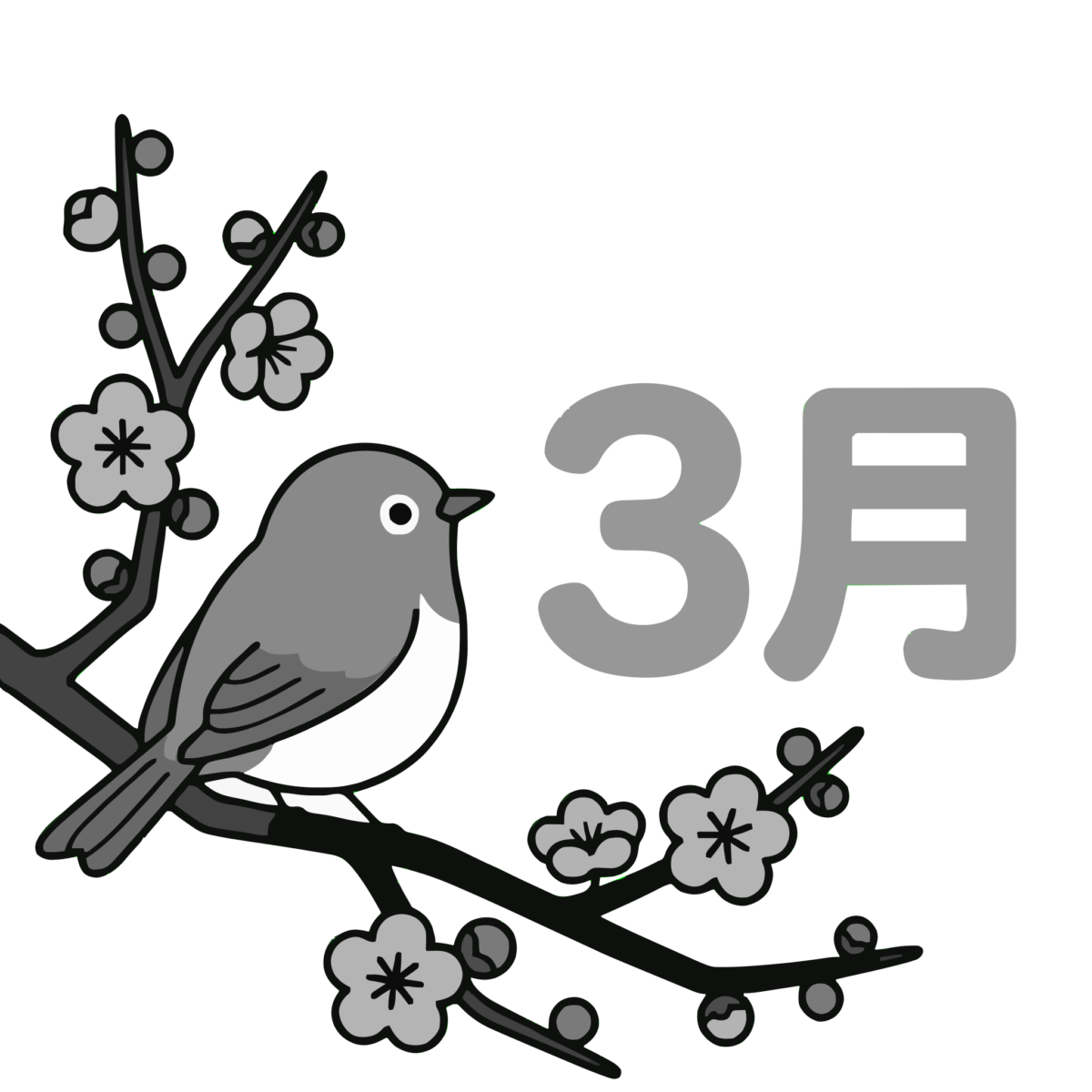 3月の春に使えるウグイスと梅の花のイラスト無料ダウンロード(モノクロ)